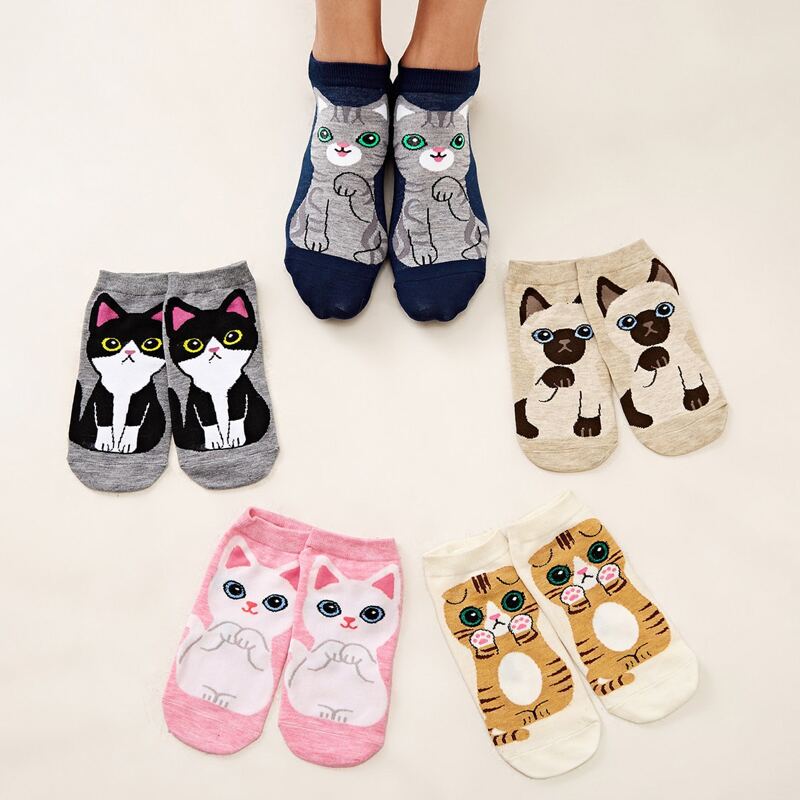 

5pairs Cartoon Cat Graphic Ankle Socks, Multicolor