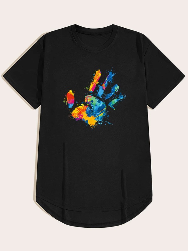 

Men Hands Print High Low Tee, Black