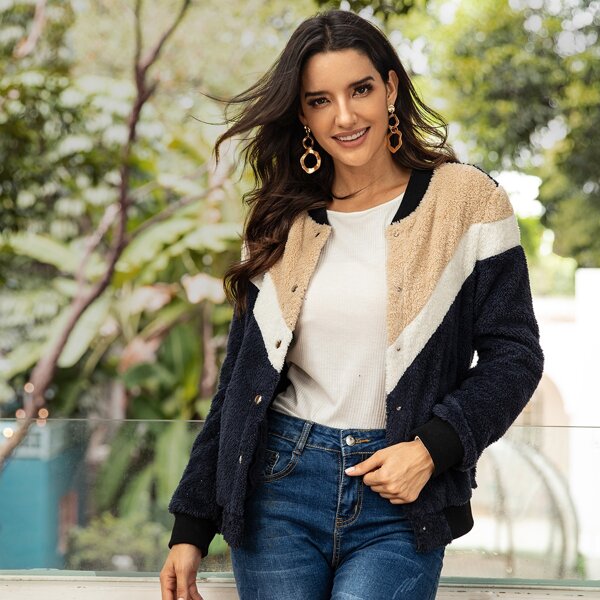 

Color-Block Button Through Teddy Bomber Jacket, Multicolor