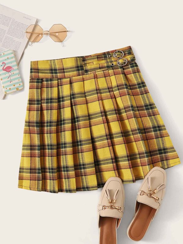 

Plaid Pleated Eyelet Tape Skirt, Yellow