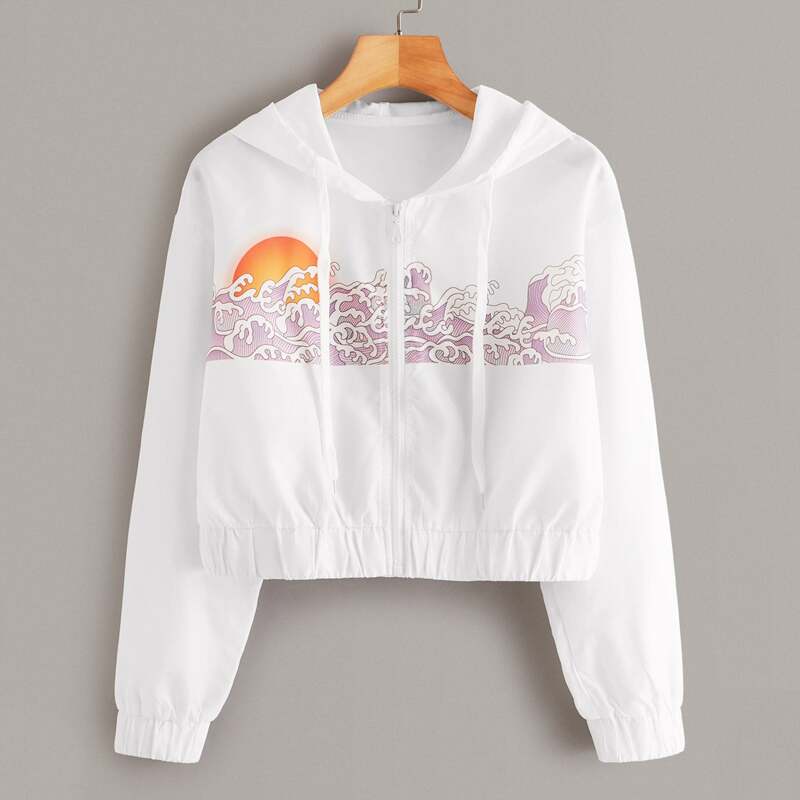 

Graphic Zip-up Drawstring Hooded Windbreaker Jacket, White