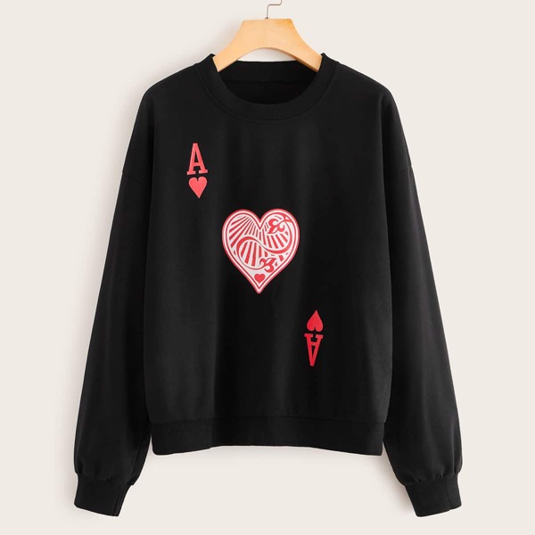 

Poker Card Print Round Neck Sweatshirt, Black