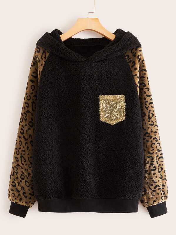 

Contrast Sequin Leopard Print Sleeve Teddy Hoodie, Black