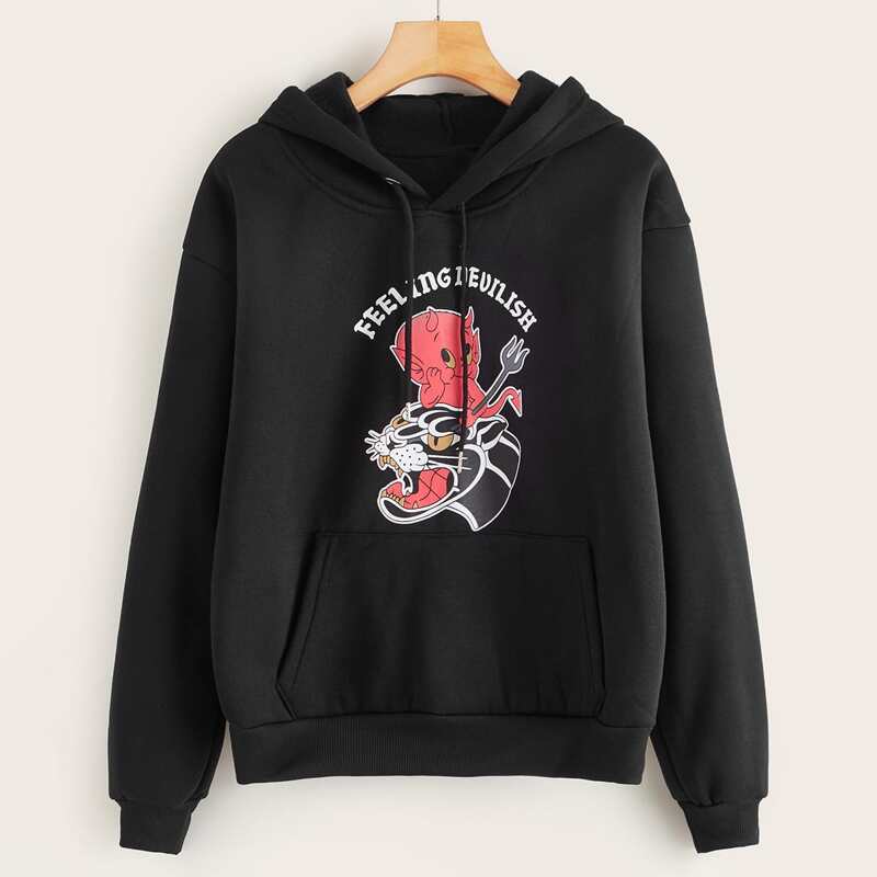 

Halloween Print Kangaroo Pocket Drawstring Hoodie, Black