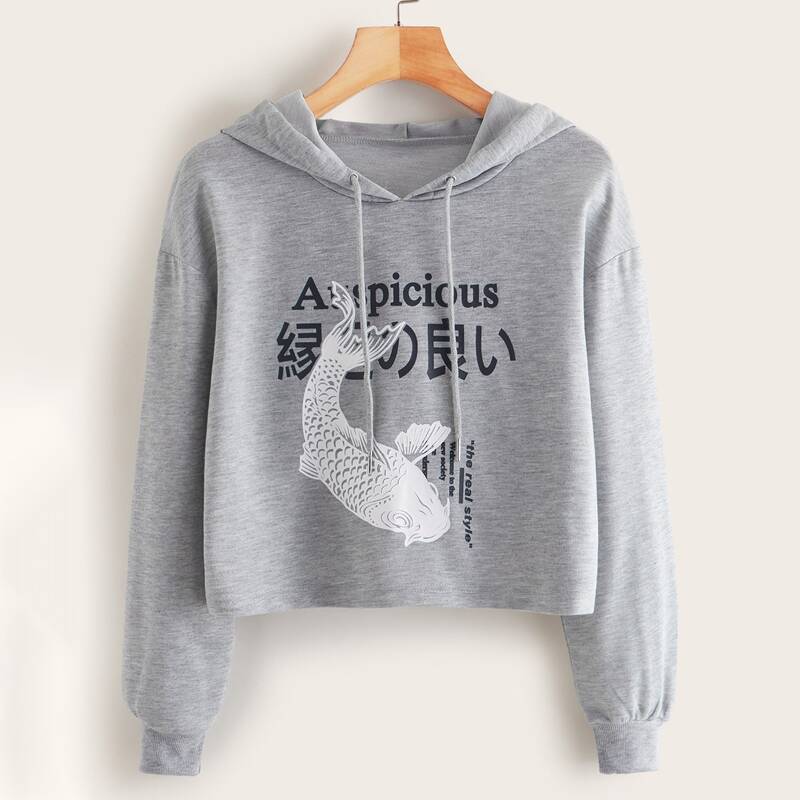 

Fish & Letter Graphic Drawstring Hoodie, Grey
