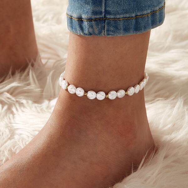 Faux Pearl Beaded Anklet 1pc