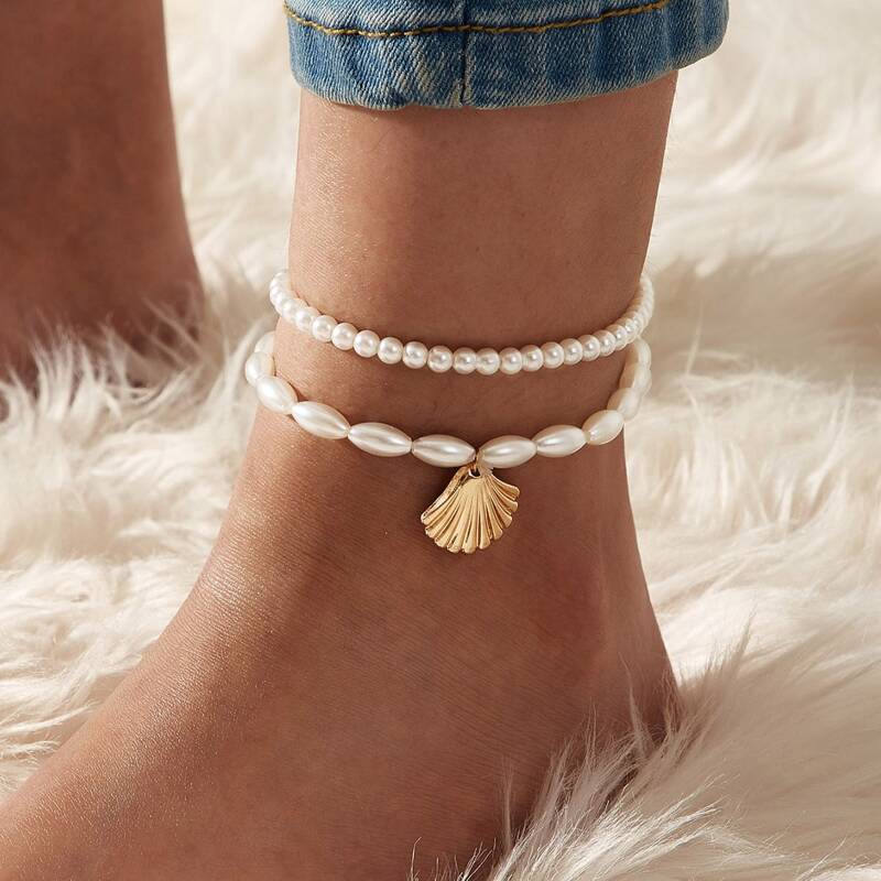 

Shell Charm Beaded Anklet 2pcs, White