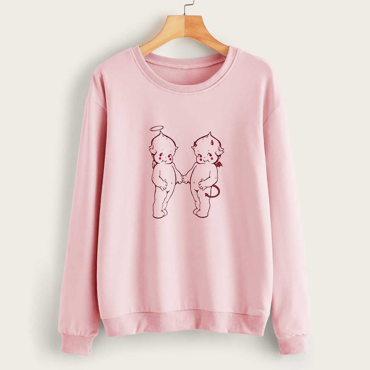 

Angel & Demon Print Drop Shoulder Sweatshirt, Pink