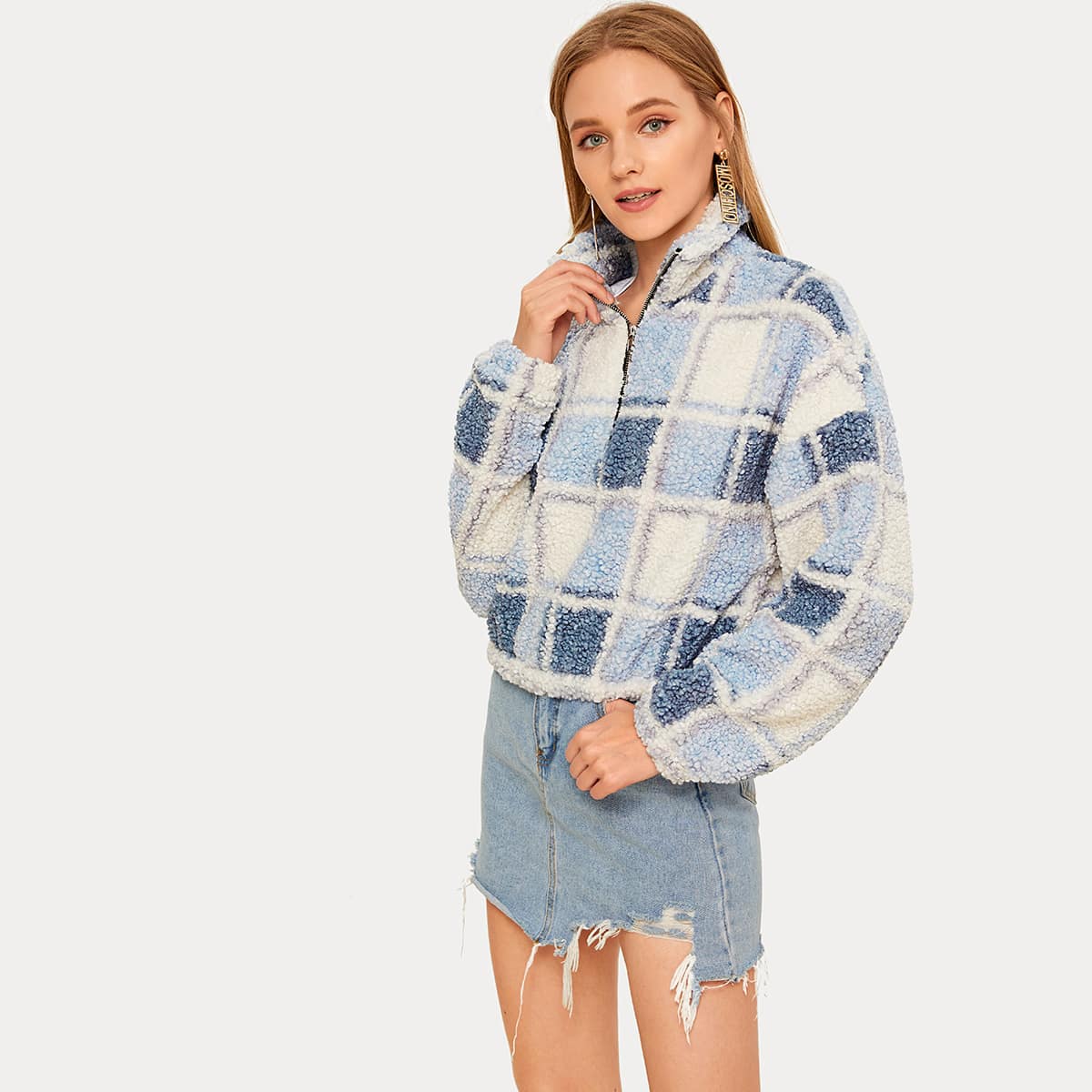 

Plaid Half Zip Teddy Sweatshirt, Multicolor