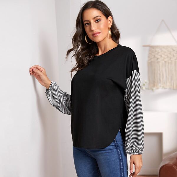 

Contrast Stripe Drop Shoulder Tee, Black