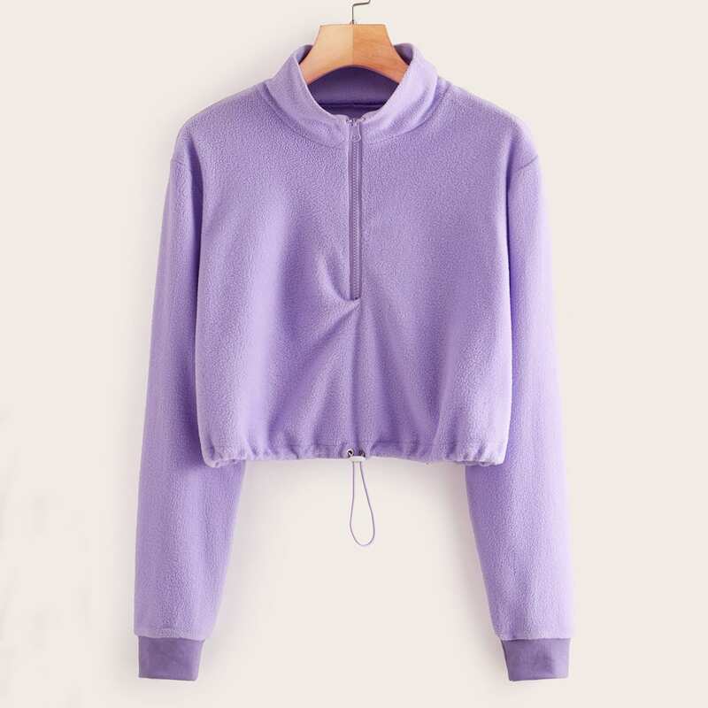 

Half Zip Drawstring Hem Teddy Sweatshirt, Purple
