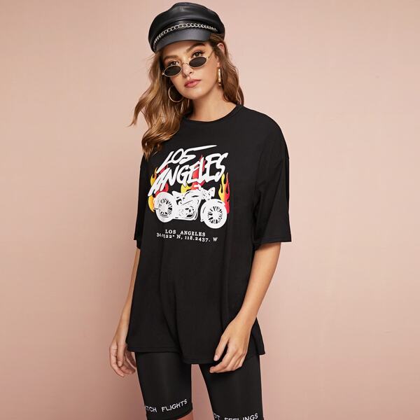 

Motorcycle & Letter Graphic Longline Tee, Black