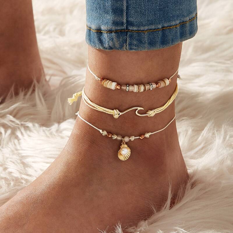 

Shell & Faux Pearl Decor String Anklet 3pcs, Multicolor
