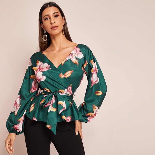 

Floral Print Surplice Front Belted Peplum Blouse, Green