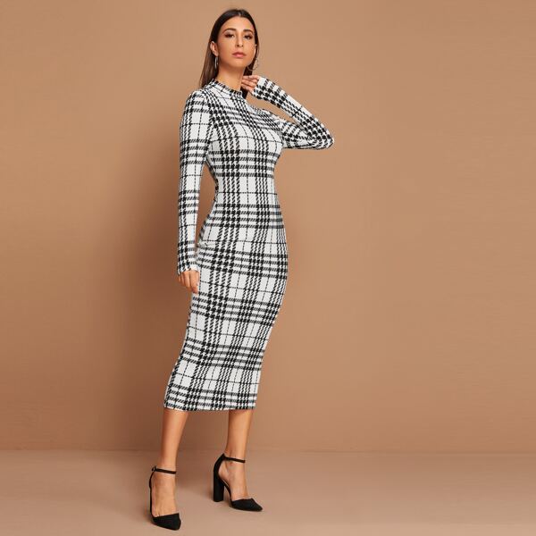 

Plaid Mock Neck Longline Bodycon Dress, Black and white