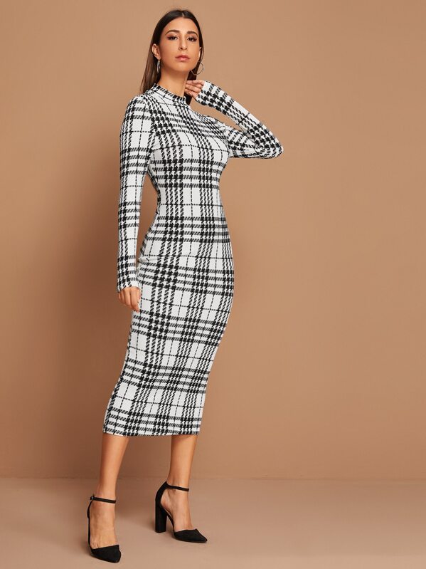 

Plaid Mock Neck Longline Bodycon Dress, Black and white, Gabe