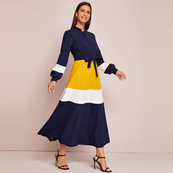 

Cut And Sew Panel Belted Shirt Dress, Multicolor