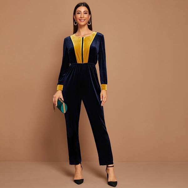 

Contrast Panel Zip Front Velvet Jumpsuit, Navy