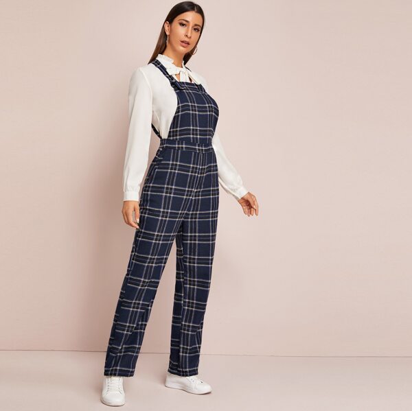 

Plaid Slant Pocket Pinafore Jumpsuit, Navy