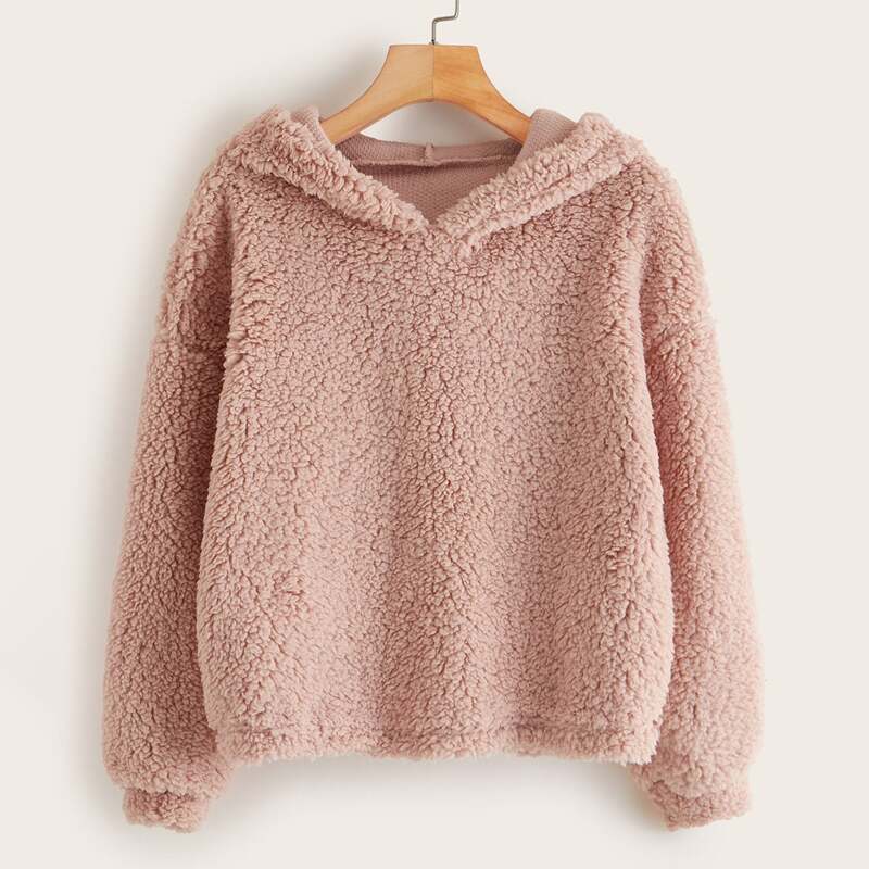 

Solid Drop Shoulder Teddy Hoodie, Pink pastel