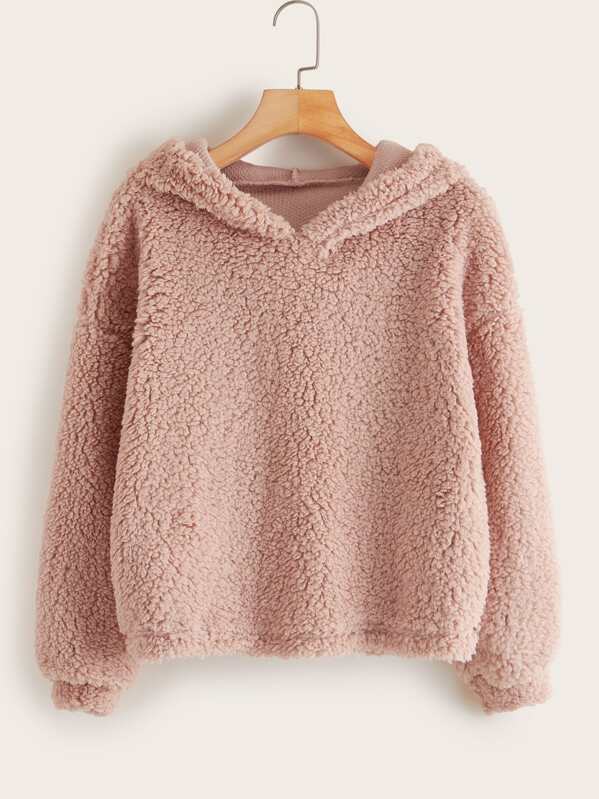 

Solid Drop Shoulder Teddy Hoodie, Pink
