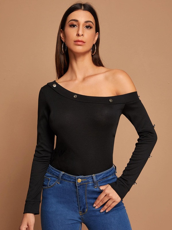 

Solid Button Detail Asymmetrical Neck Tee, Black, Gabe