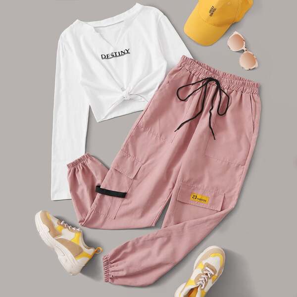 

Letter Graphic Knot Hem Tee & Cargo Pants, Multicolor