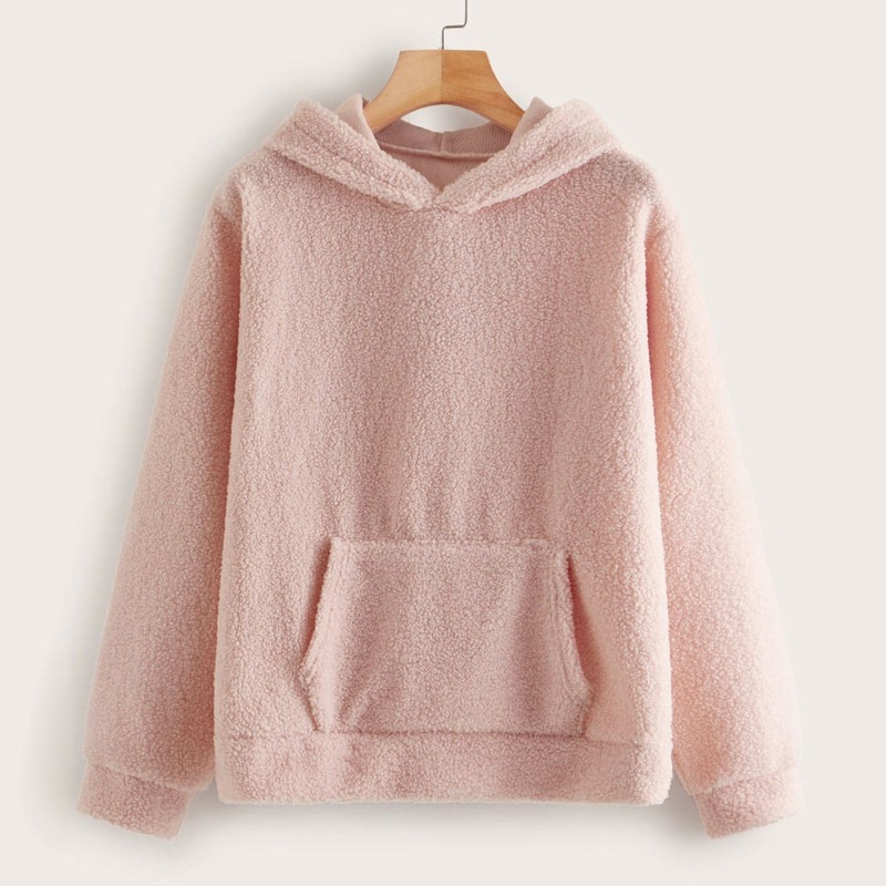 

Solid Kangaroo Pocket Teddy Hoodie, Pink pastel
