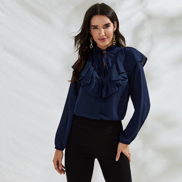 

Frilled Tie Neck Ruffle Trim Blouse, Navy