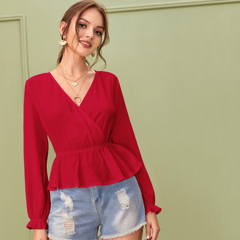 

Surplice Neck Peplum Top, Red
