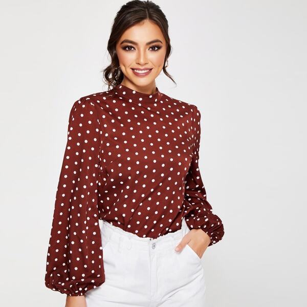 

Polka Dot Print Tie Back Blouse, Brown