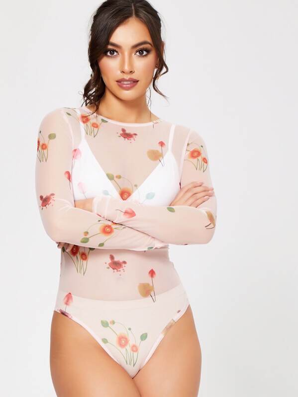 

Floral Sheer Mesh Bodysuit Without Lingerie, Beige, Nicole