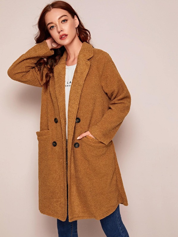 

Solid Double Button Teddy Coat, Camel, Poly