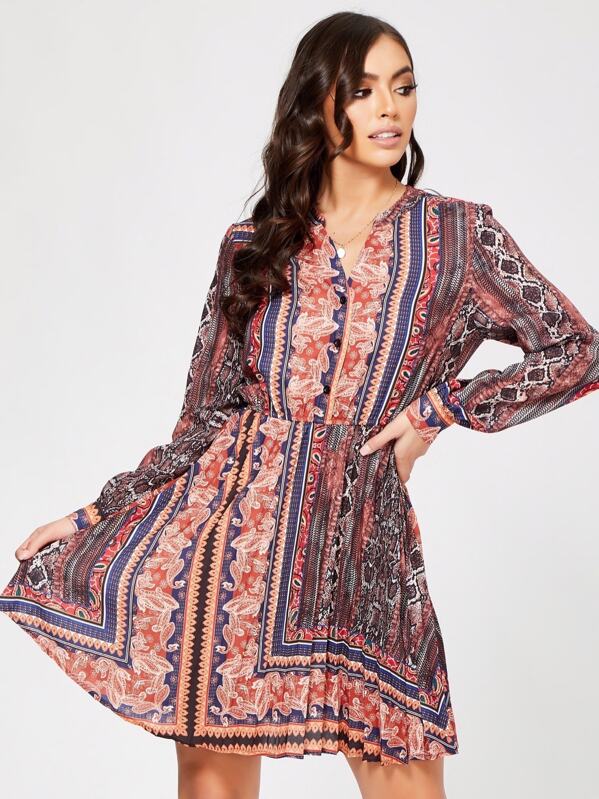 

Paisley Print Pleated Shirt Dress, Multicolor, Nicole