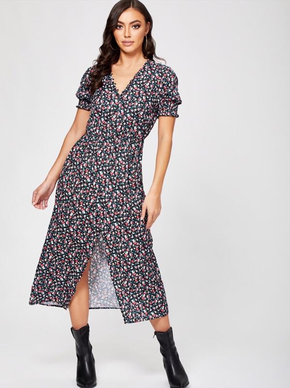 

Button Through Ditsy Floral Wrap Dress, Multicolor, Nicole