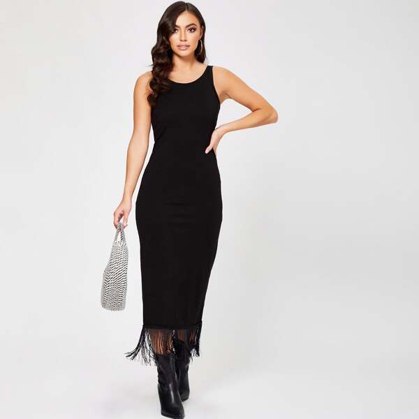 

Fringed Hem Jersey Sleeveless Dress, Black