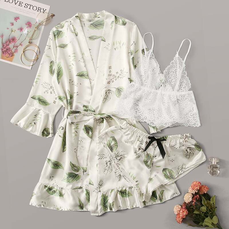 

Floral Lace Sheer Lingerie Set With Tropical Satin Robe & Belt, Multicolor
