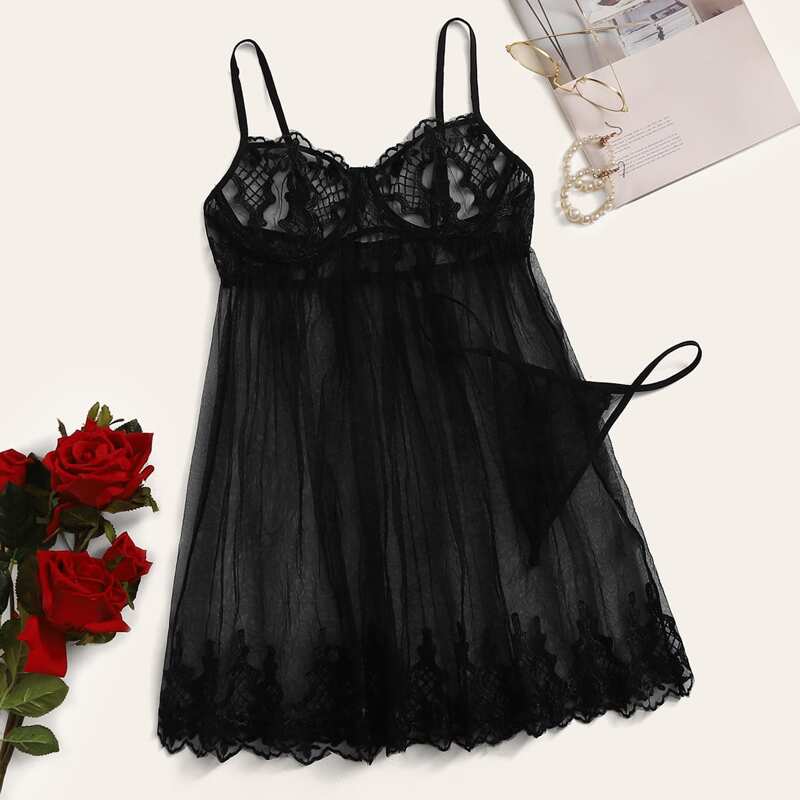 

Floral Lace Sheer Slips With Thong, Black