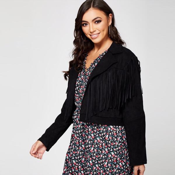 

Notched Collar Fringed Suede Jacket, Black