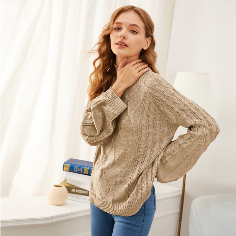 

High Neck Raglan Sleeve Sweater, Khaki