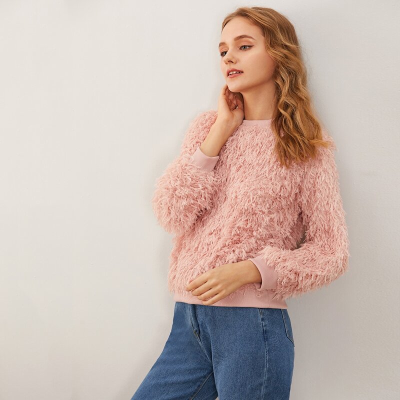 

Solid Shaggy Fringe Sweater, Pink pastel
