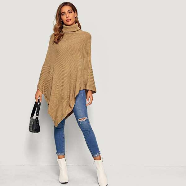 

Funnel Neck Rib-Knit Cape Sweater, Khaki