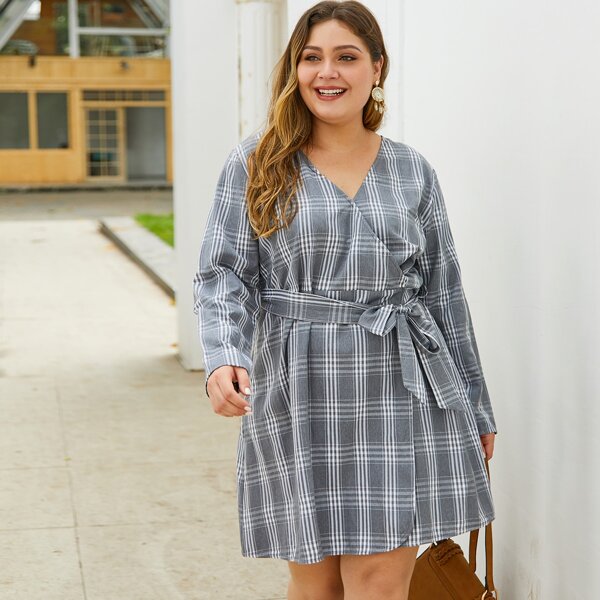 

Plus Plaid Print Self Tie Surplice Dress, Grey