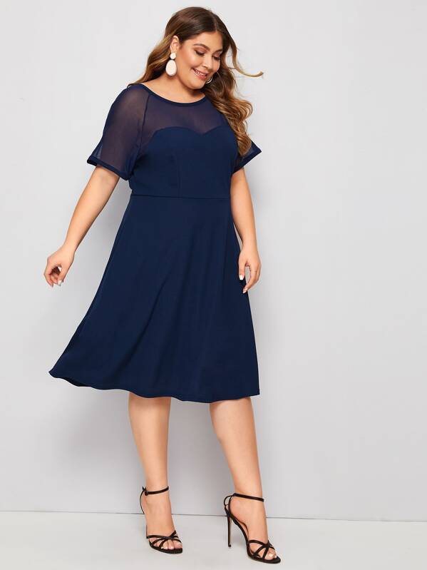 

Plus Mesh Insert V Back Flare Dress, Navy, Carol