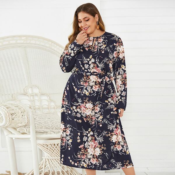 

Plus Floral Print Keyhole Front Belted Dress, Multicolor