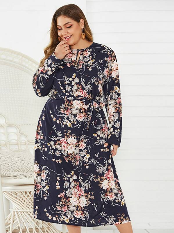 

Plus Floral Print Keyhole Front Belted Dress, Multicolor