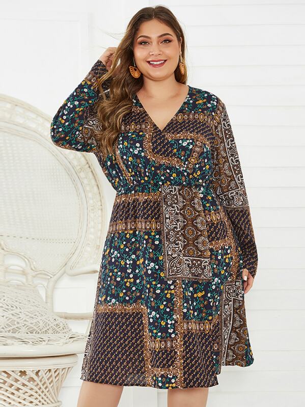 

Plus Tribal Print Surplice Neck Dress, Multicolor