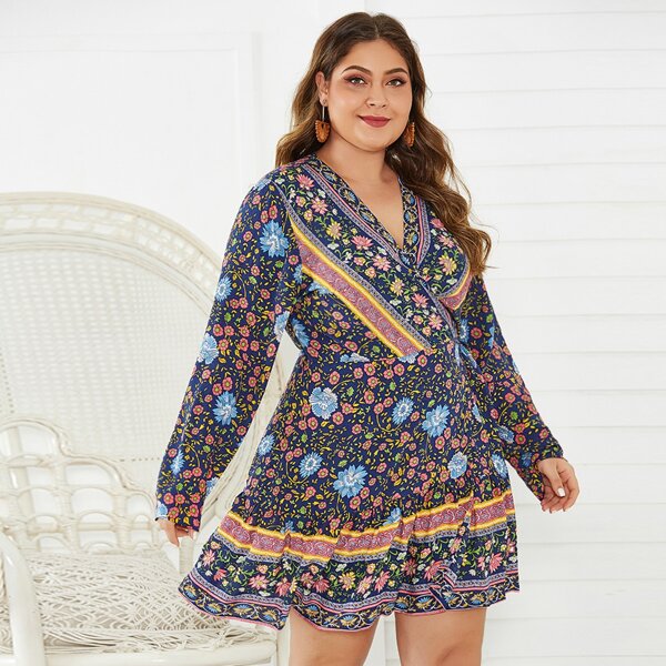 

Plus Tribal Print Surplice Neck Ruffle Hem Dress, Multicolor