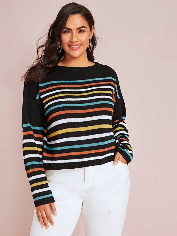 

Plus Colorful Striped Drop Shoulder Sweater, Multicolor, Ruiz Brianna