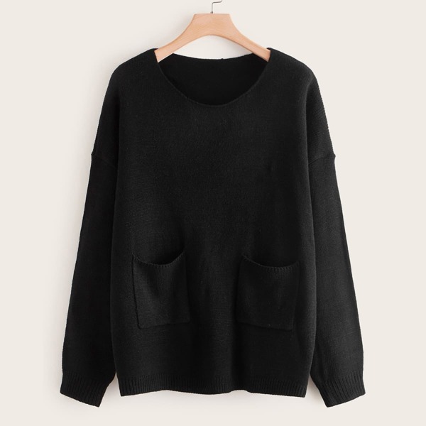 

Plus Solid Pocket Patched Drop Shoulder Sweater, Black